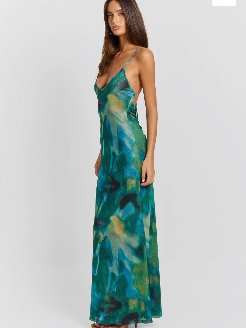 Green Watercolor Slip Maxi Dress with Spaghetti Straps